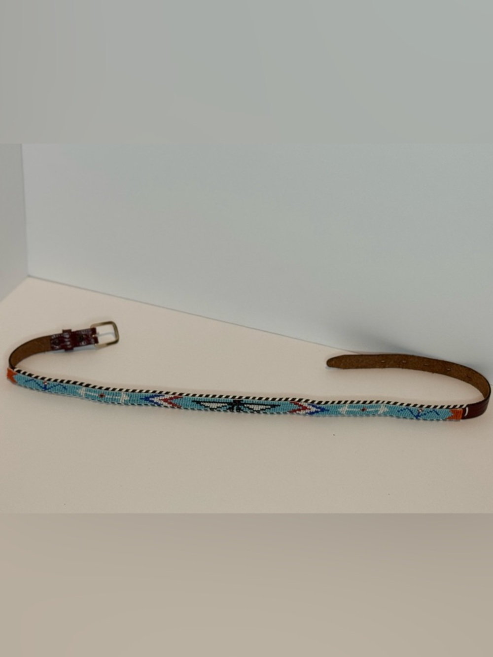 Vintage Kids Aztec Southwestern Native American Beaded Leather Cowhide Belt 32”